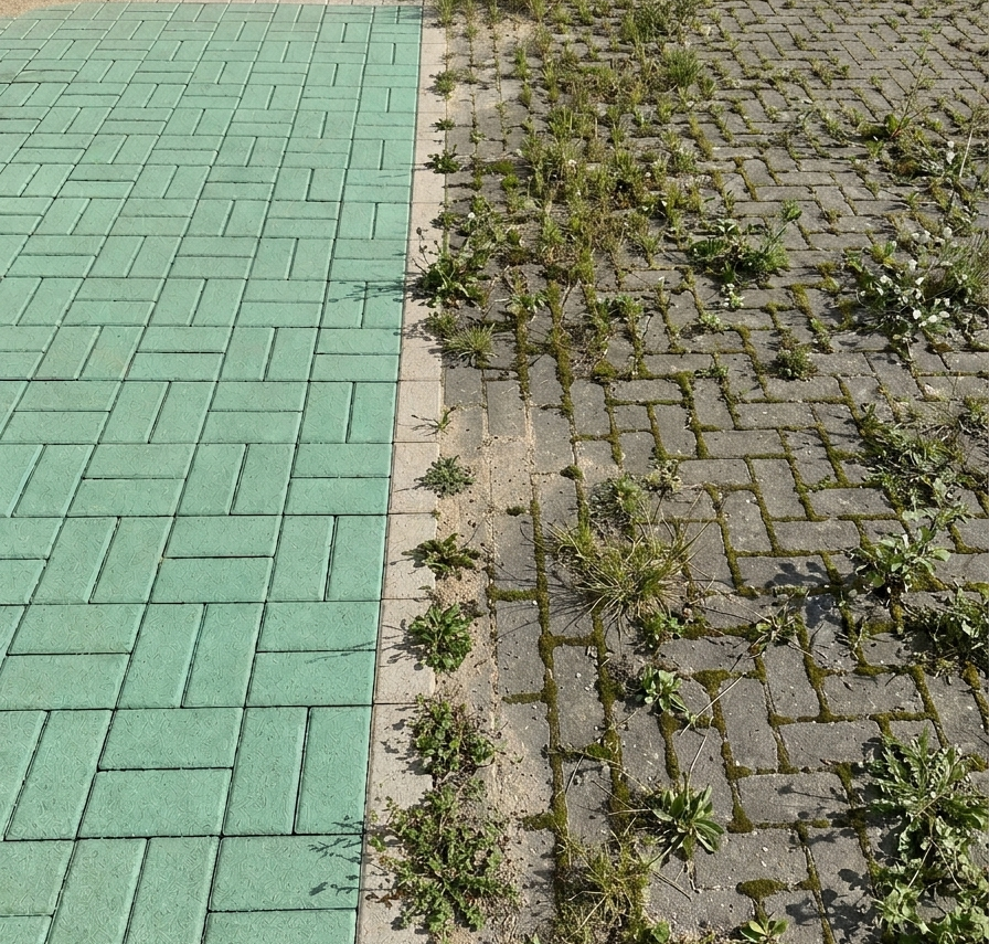 Czyszczenie kostki brukowej — efekt przed i po myciu ciśnieniowym